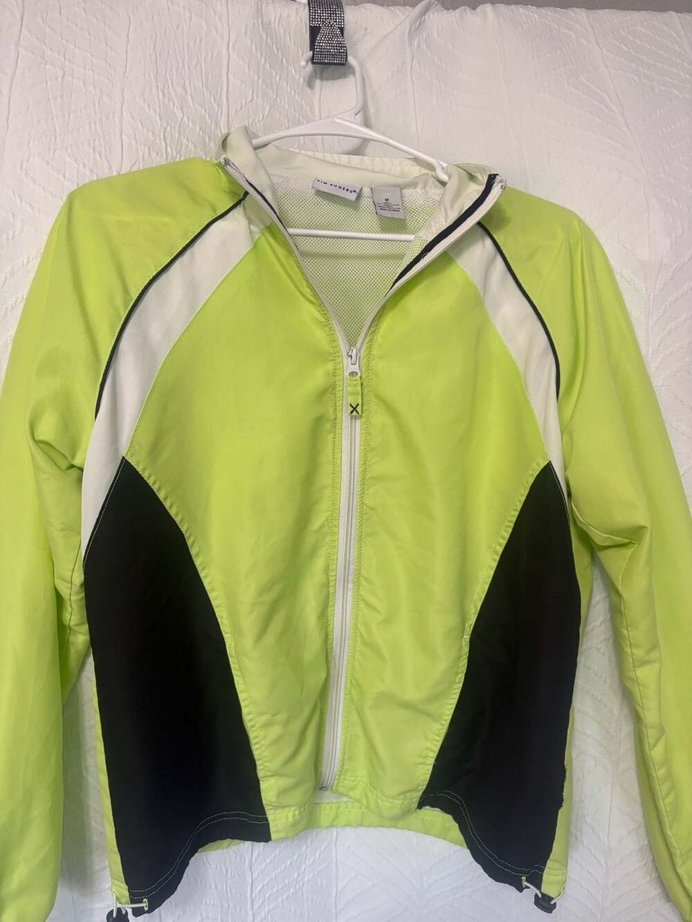 Kim Rogers Neon Gr/White Black Colorblock Mesh Lined Windbreaker Jacket Size M